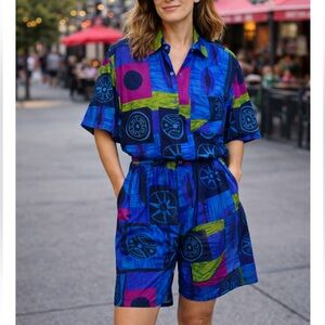 Bobbie Brooks Vintage 80’s Vibrant Blue Patterned Shirt and Shorts Set